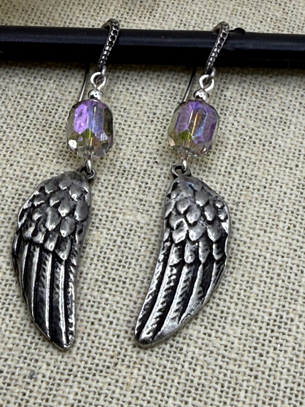 Angel Wing Drop Earrings with Iridescent Vintage Crystal Beads - Women Jewelry
